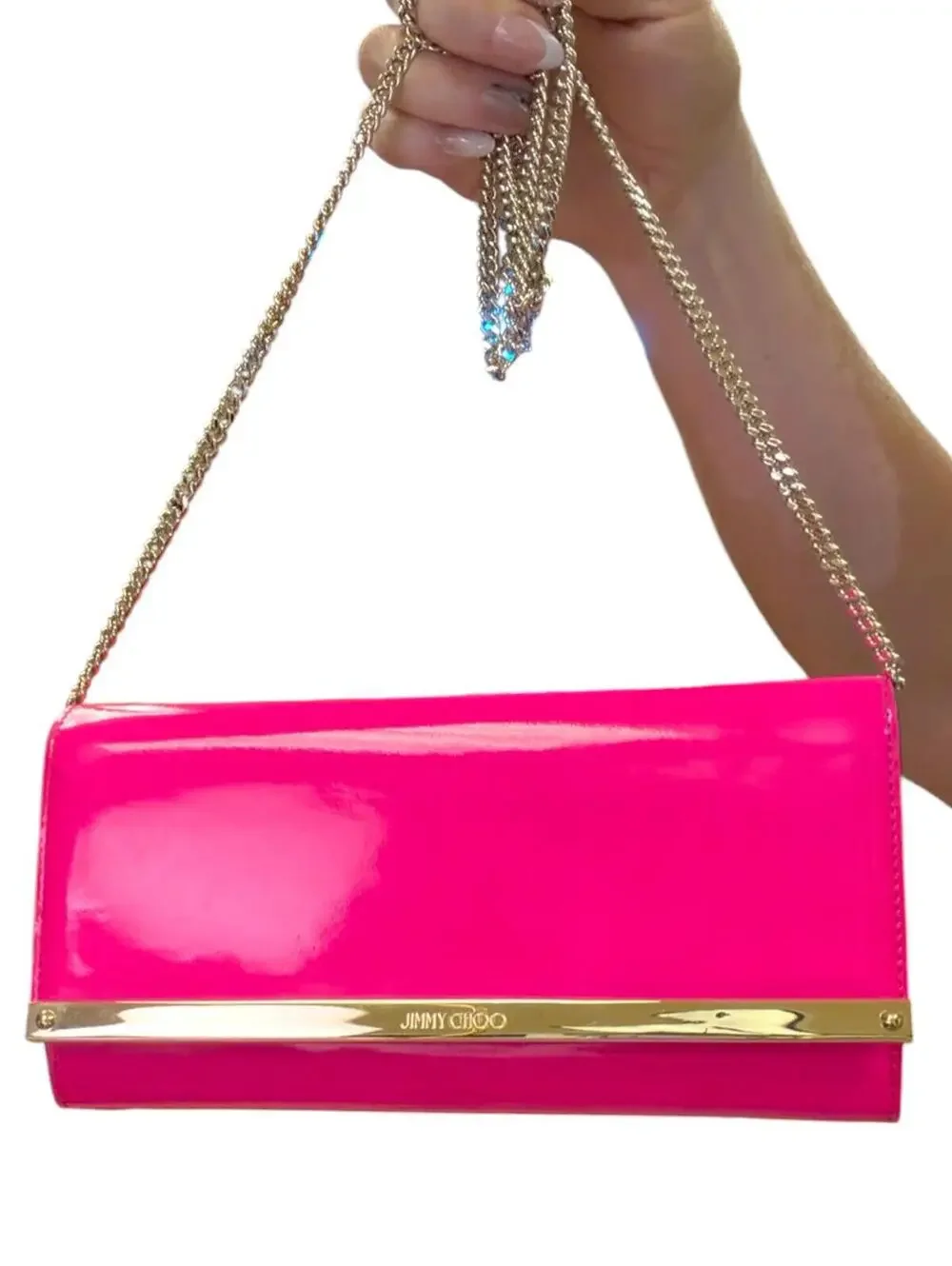 Jimmy Choo Milla Neon Pink Patent Leather Clutch with Chain Strap